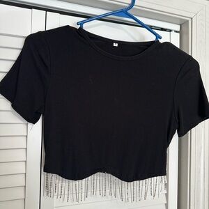 Black Cropped Top with Rhinestone Fringe